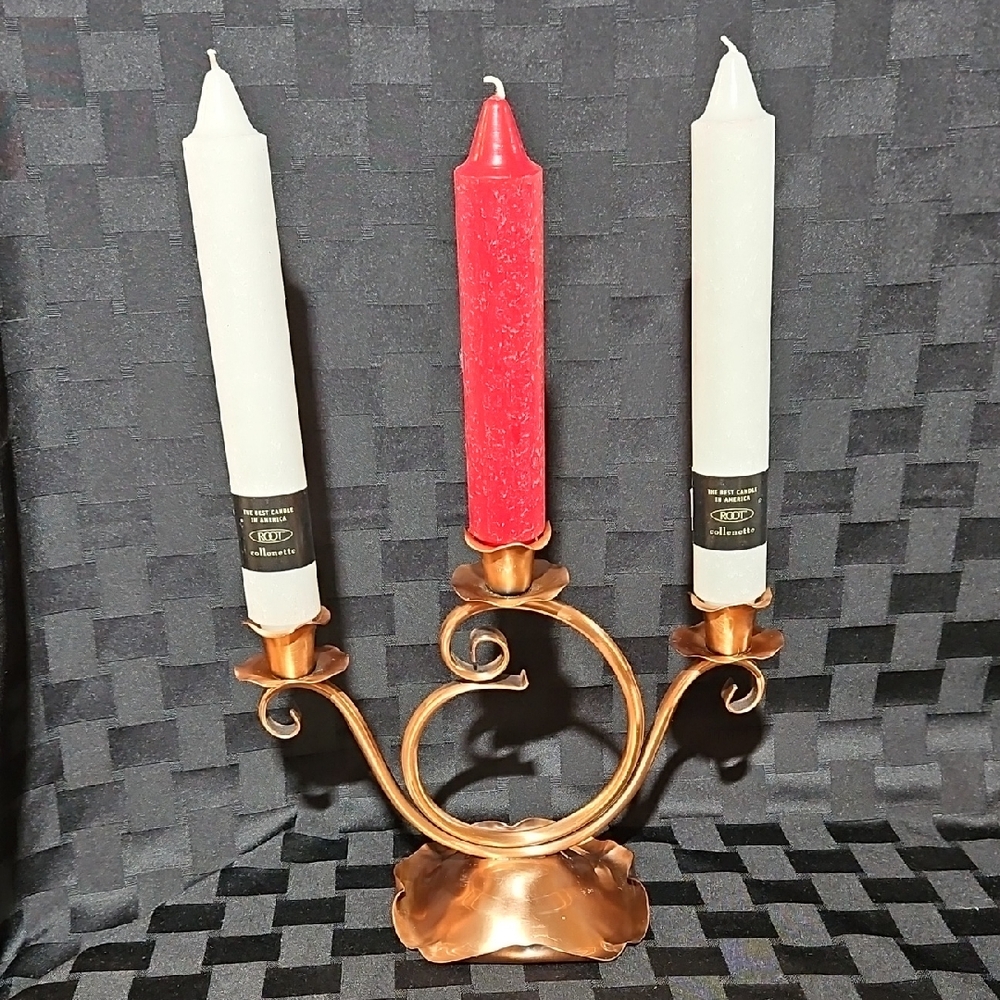 Gregorian Hand-Hammered Solid Copper Candelabrum Candle Holder